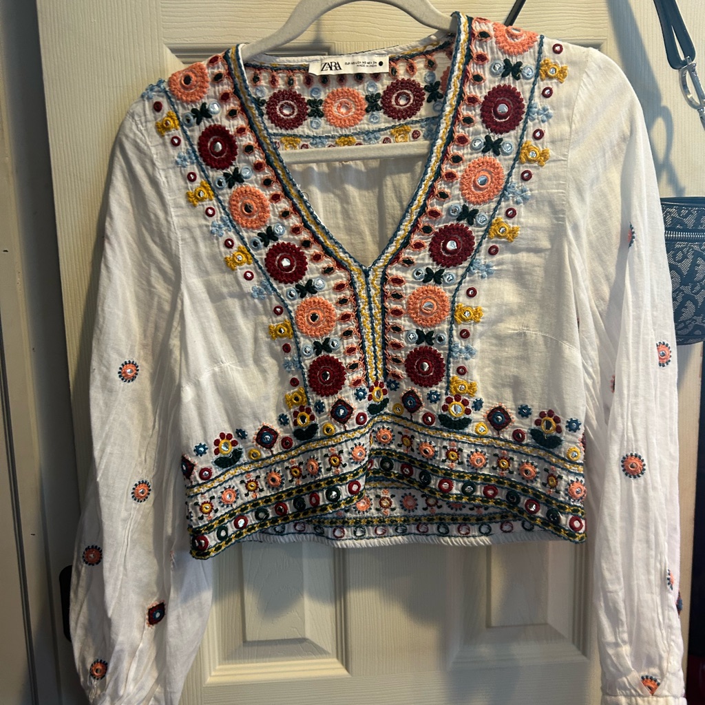 Zara Red And Black Embellished Long Sleeve Blouse